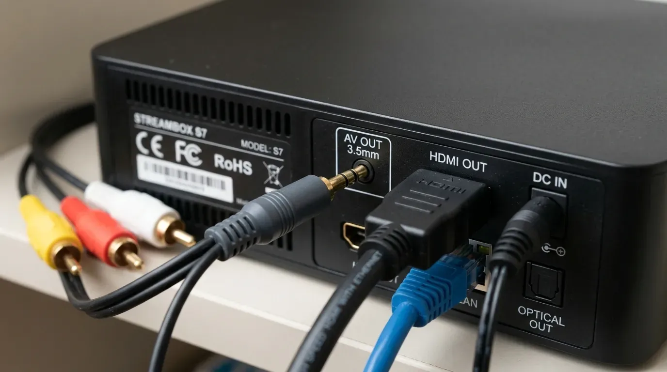 Разъем AV OUT на задней панели ТВ-приставки рядом с HDMI