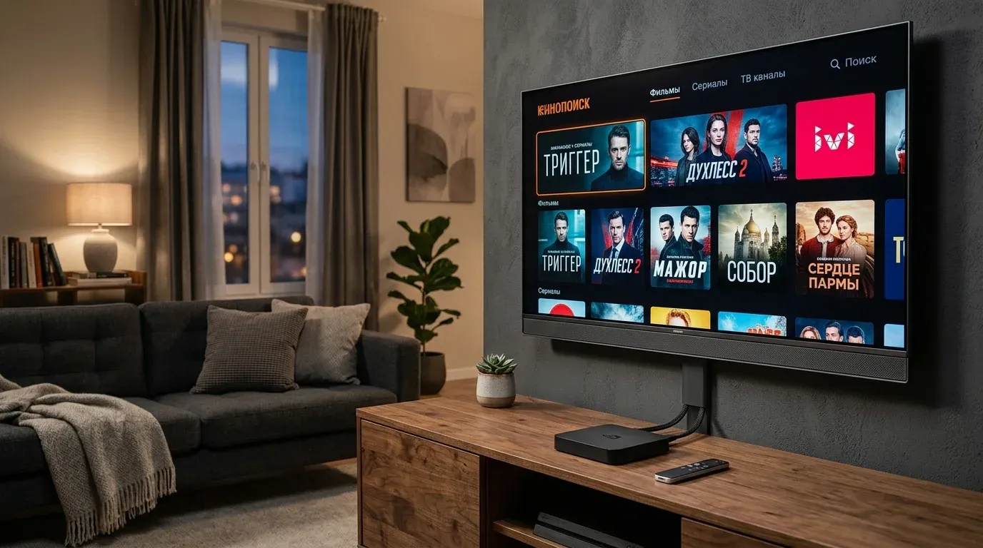 ТВ-приставка подключена по HDMI к настенному телевизору в гостиной