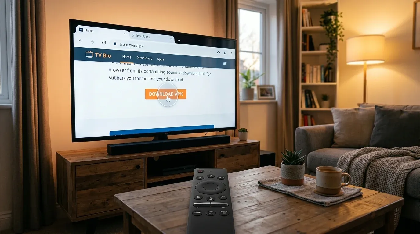 Интерфейс веб-браузера TV Bro на экране телевизора с курсором пульта и загрузкой файлов