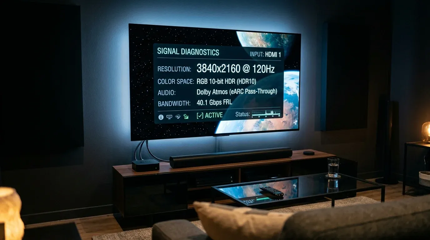 Экранная панель параметров сигнала HDMI 4K 120 Гц RGB 10 бит и звука eARC на OLED телевизоре