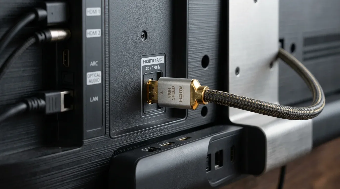 Задняя панель телевизора и саундбара с подключенным кабелем HDMI eARC для сквозного вывода звука
