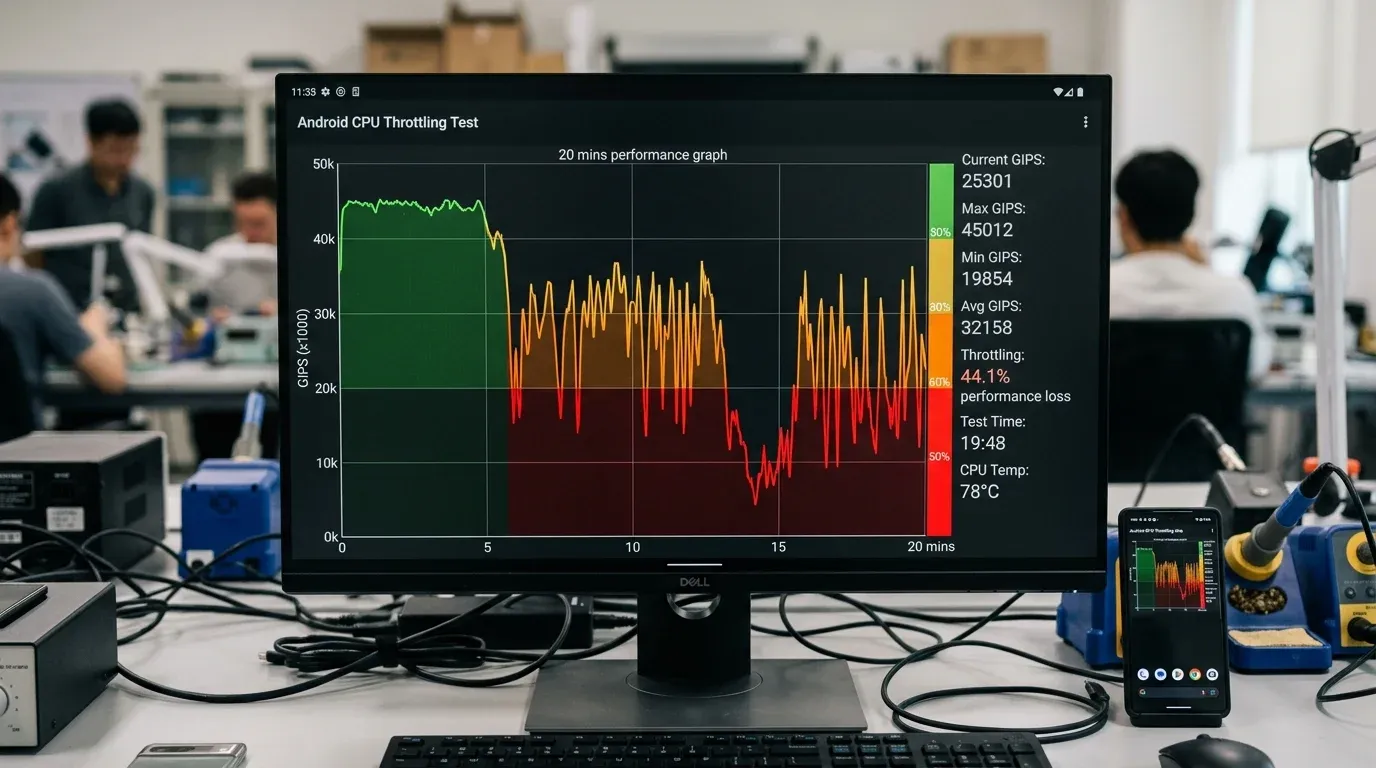 График CPU Throttling Test на мониторе: потеря 44% вычислительной мощности ТВ-стика из-за перегрева