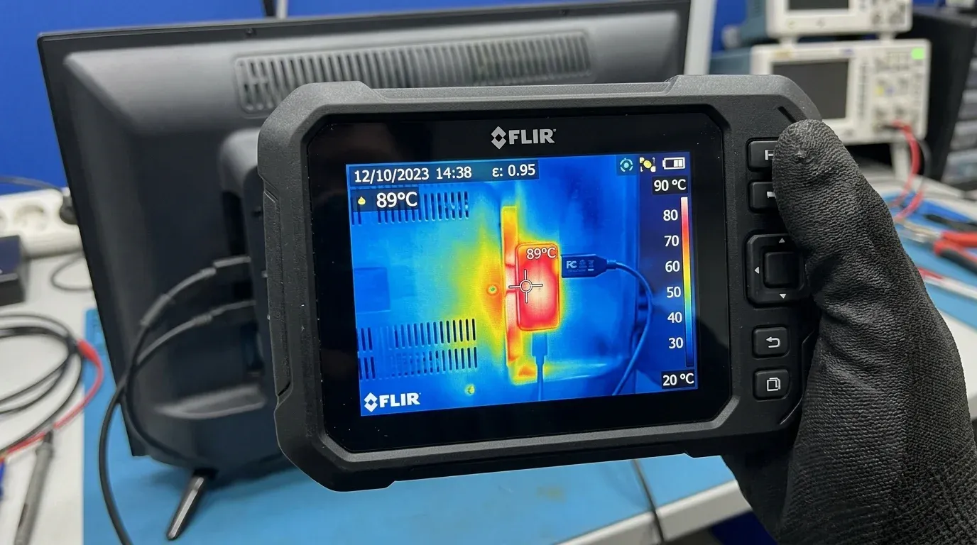 Термографический снимок тепловизора FLIR с измерением локального нагрева ТВ-стика до 89 градусов Цельсия
