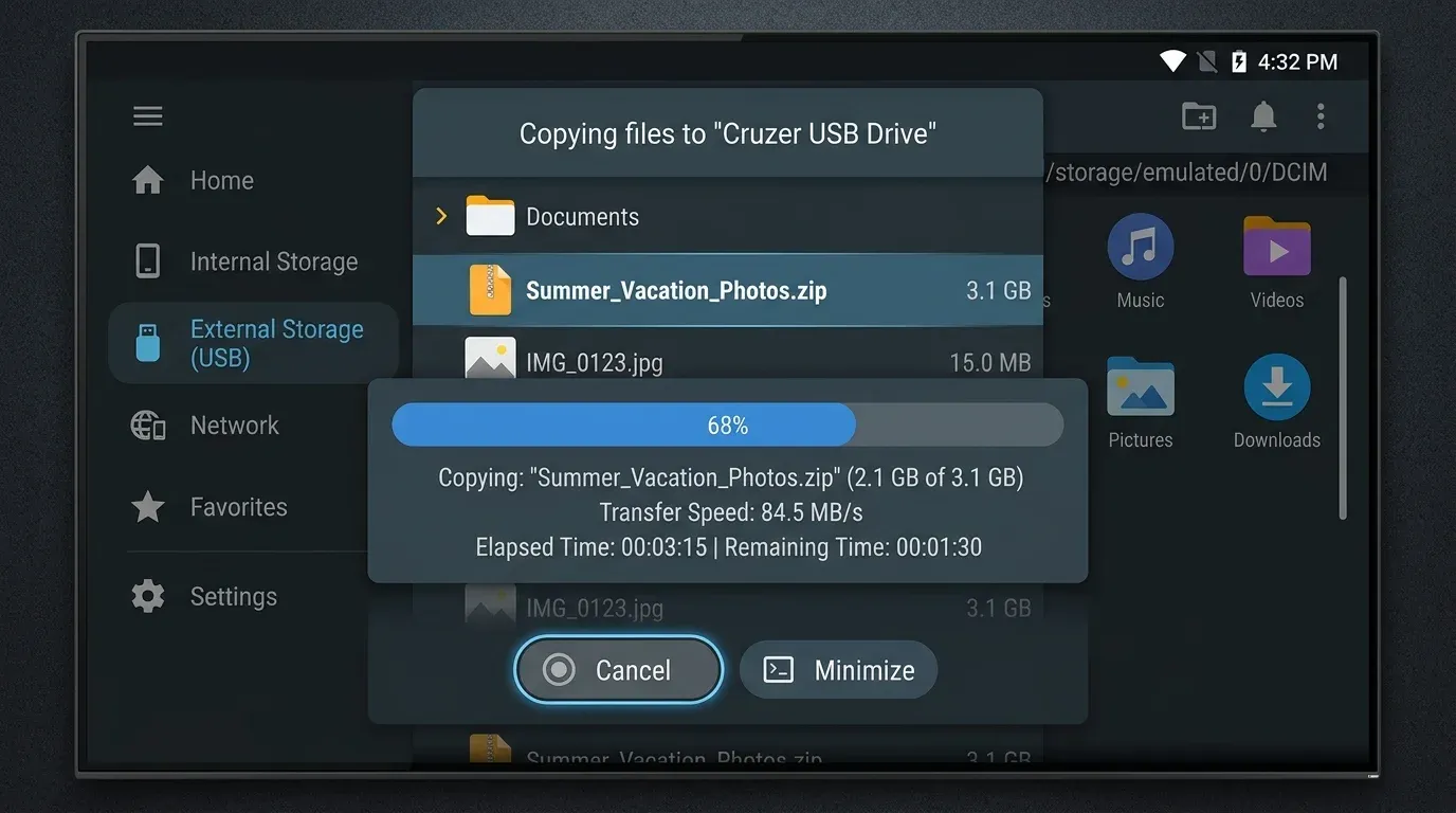 Интерфейс файлового менеджера на Android TV, показывающий перенос файлов на внешний USB-накопитель