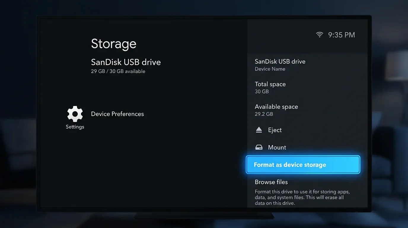 Экран настроек хранилища Android TV с процессом форматирования накопителя как внутреннее устройство