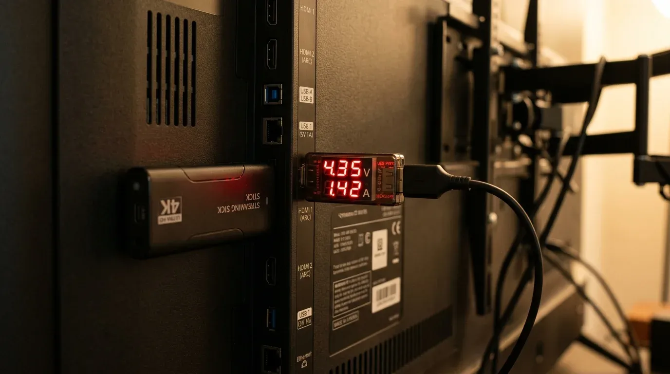 Замер просадки напряжения ТВ-стика через цифровой USB-тестер на задней панели телевизора