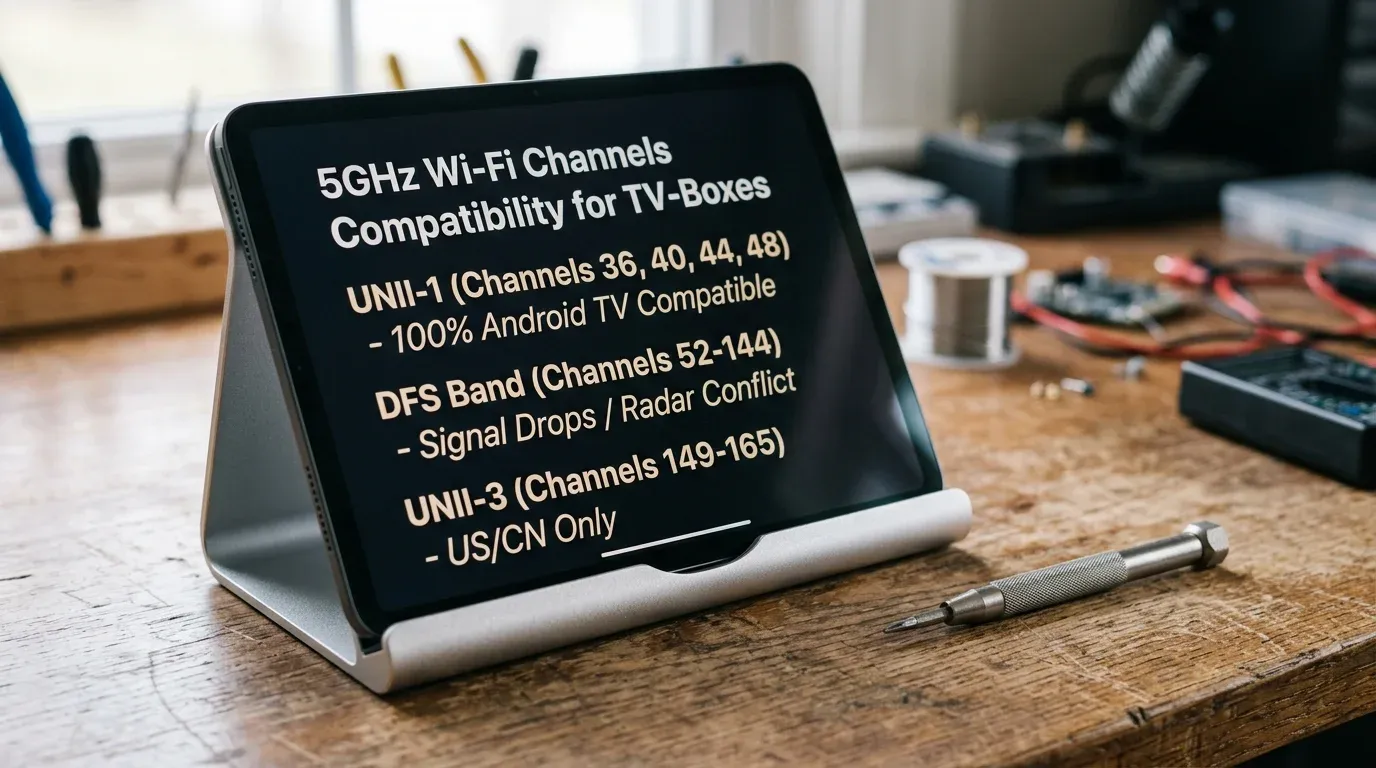 Планшет на подставке с таблицей совместимости диапазонов каналов Wi-Fi 5 ГГц для ТВ-приставок
