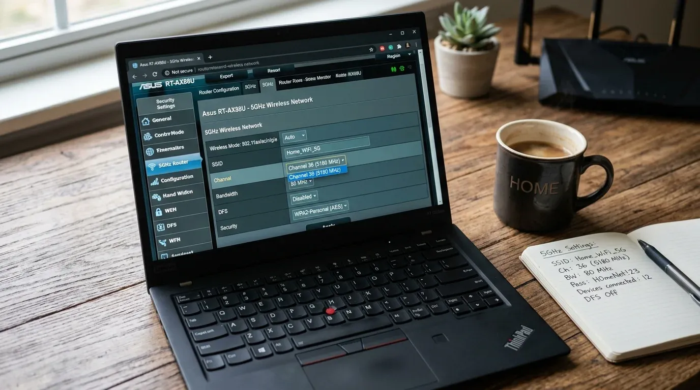 Ноутбук ThinkPad с открытой веб-панелью настроек беспроводной сети 5 ГГц роутера Asus