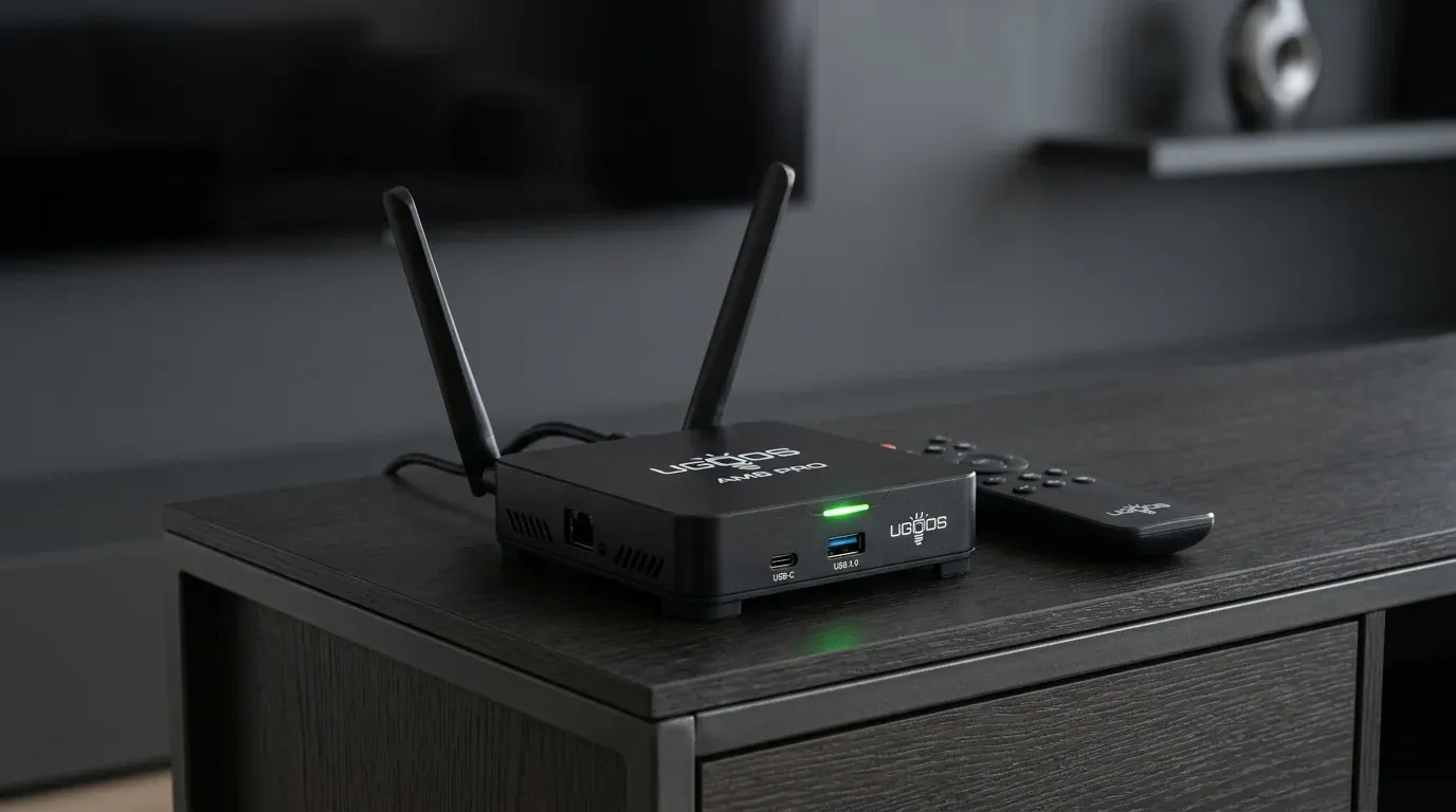 Флагманский черный ТВ-бокс Ugoos AM8 Pro с двумя большими Wi-Fi антеннами на темной полке