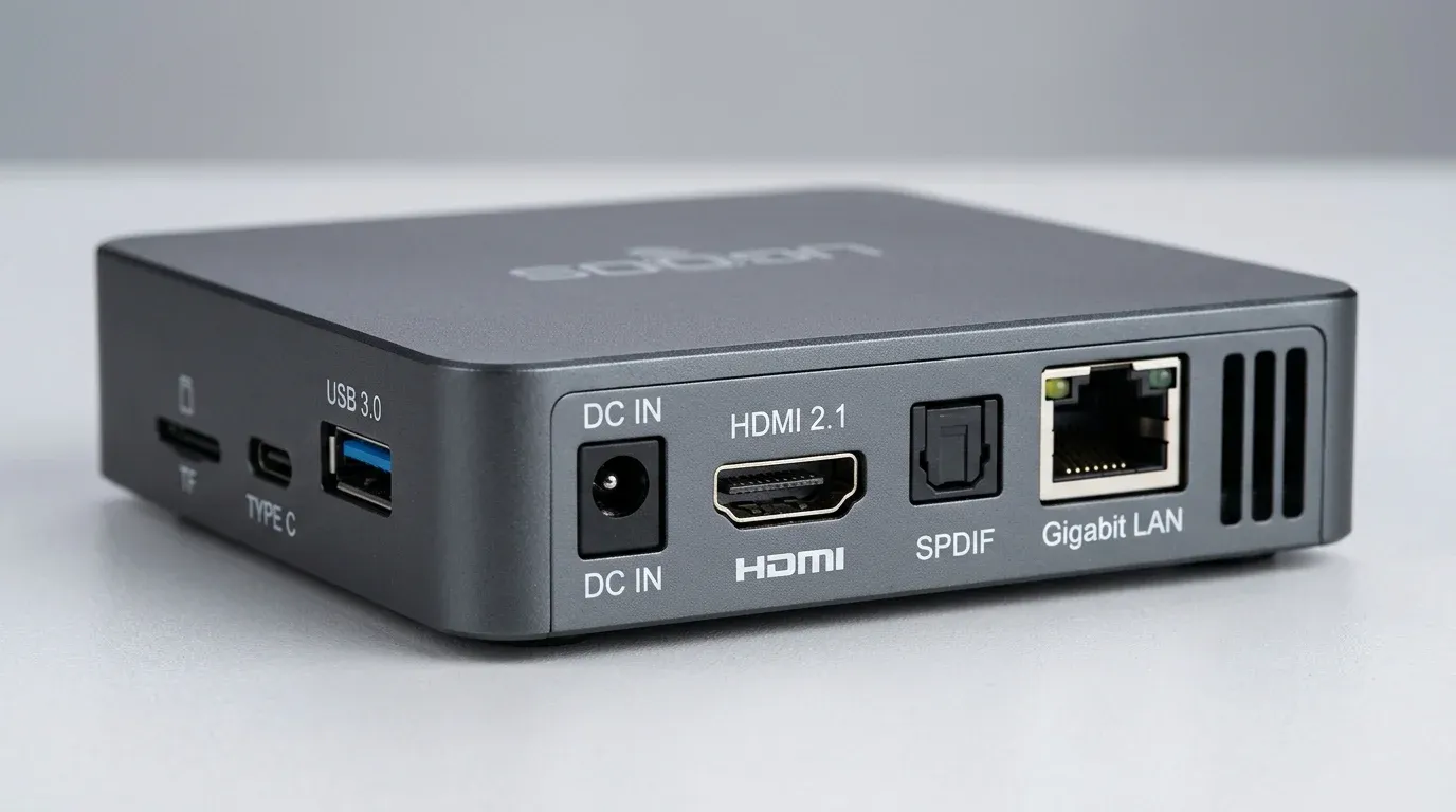 Задняя панель корпуса приставки Ugoos AM8 Pro с разъемами HDMI, LAN и SPDIF
