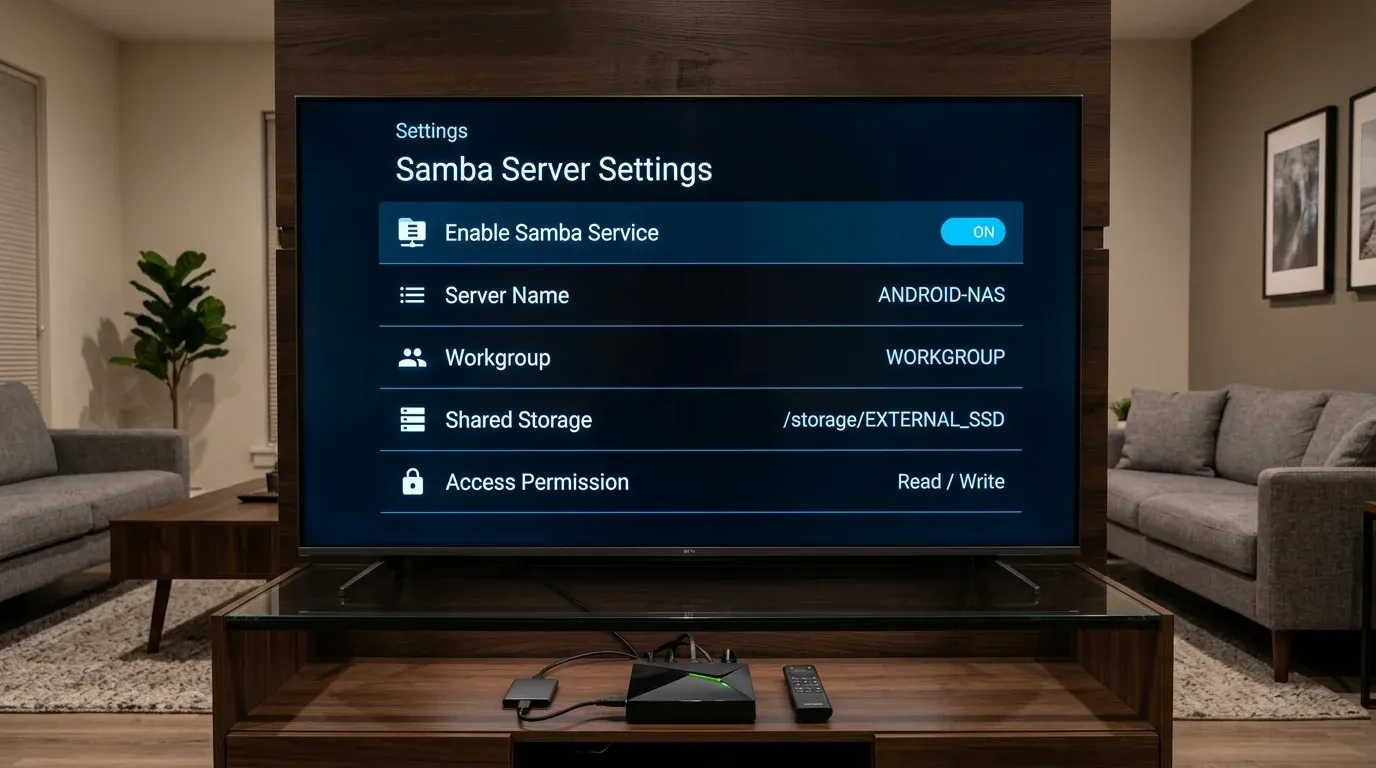 Интерфейс системных настроек Samba Server на экране Android TV приставки Ugoos