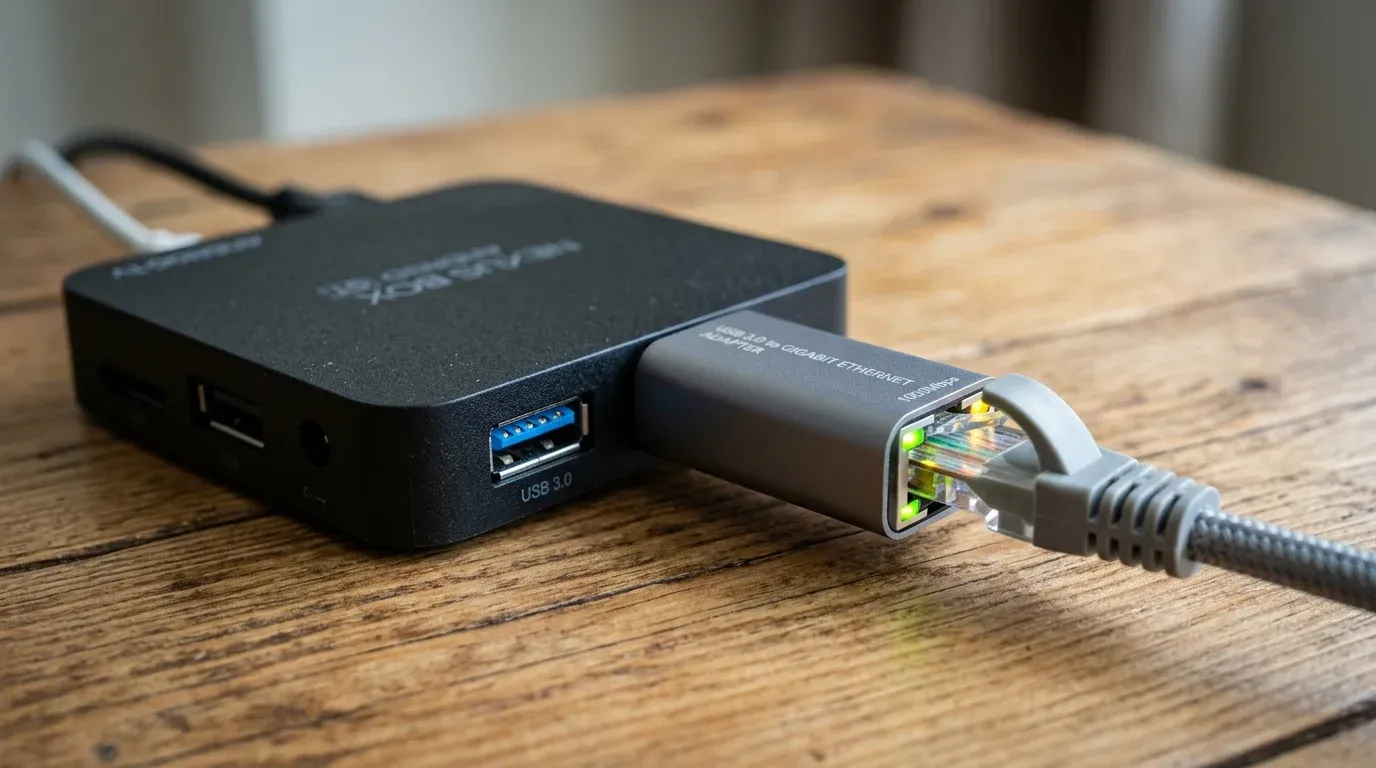 Внешний сетевой адаптер USB 3.0 на Gigabit Ethernet с подключенным кабелем в ТВ-приставке