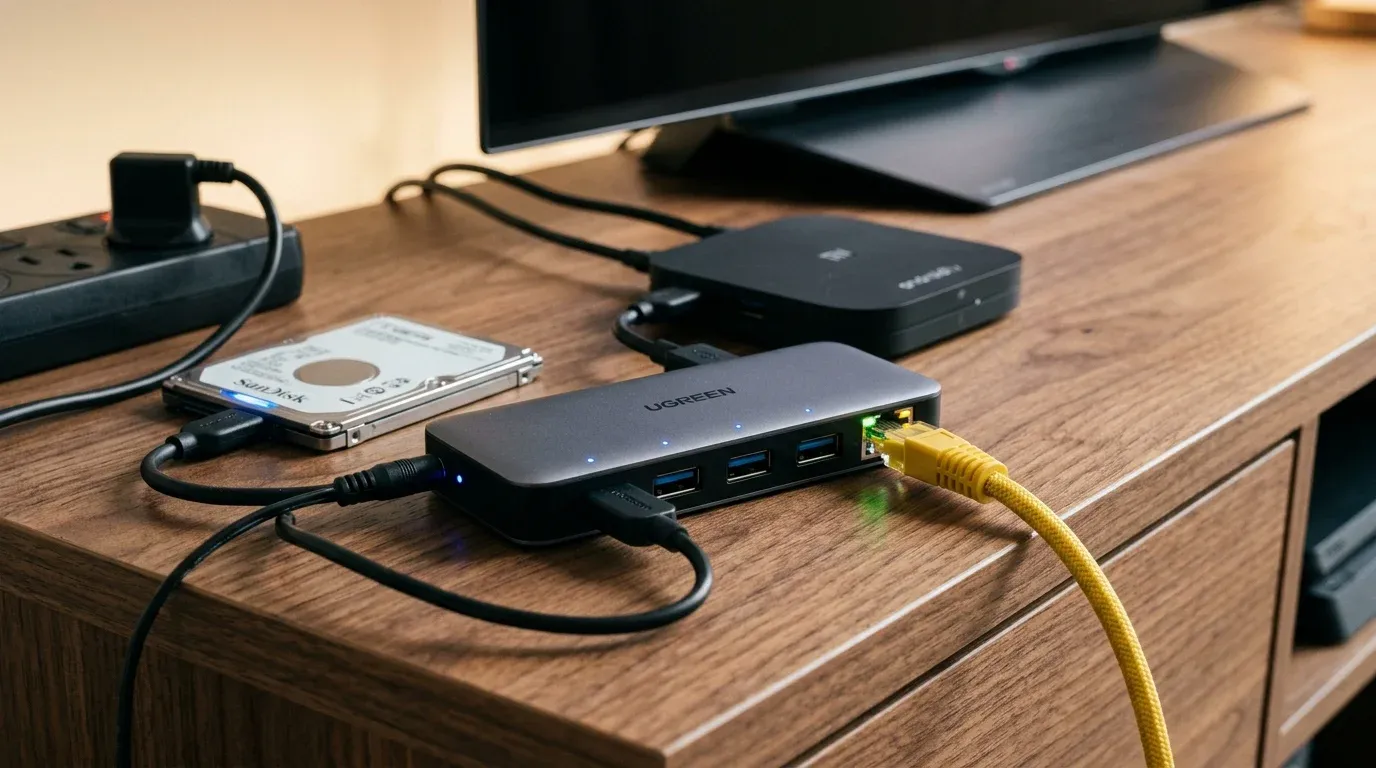 Активный USB 3.0 хаб с внешним питанием подключен к ТВ-боксу с внешним жестким диском и кабелем Ethernet