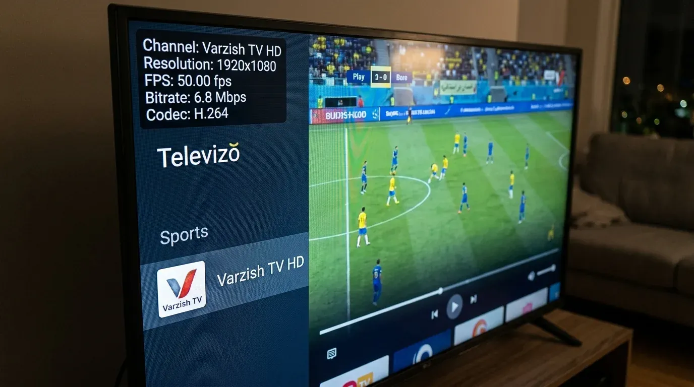 Параметры видеопотока HLS канала Варзиш ТВ в плеере Televizo с битрейтом и кадровой частотой 50 fps