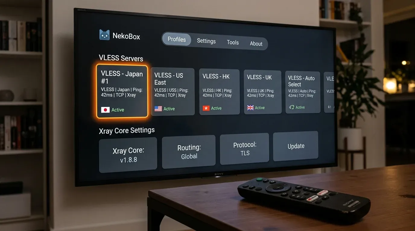 Главное окно клиента NekoBox на телевизоре с активным профилем Xray Reality