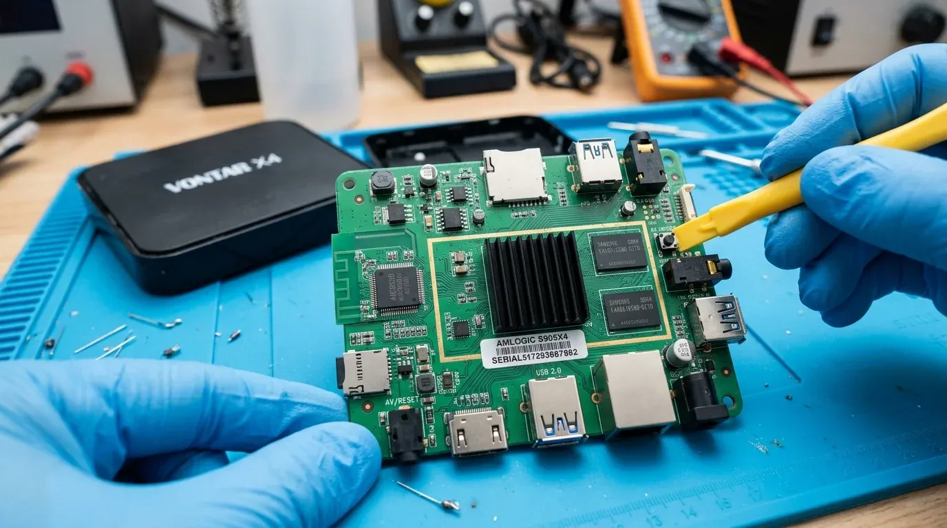 Печатная плата Vontar X4 с процессором Amlogic S905X4, чипом беспроводной связи AIC8800 и разъемом AV с кнопкой сброса