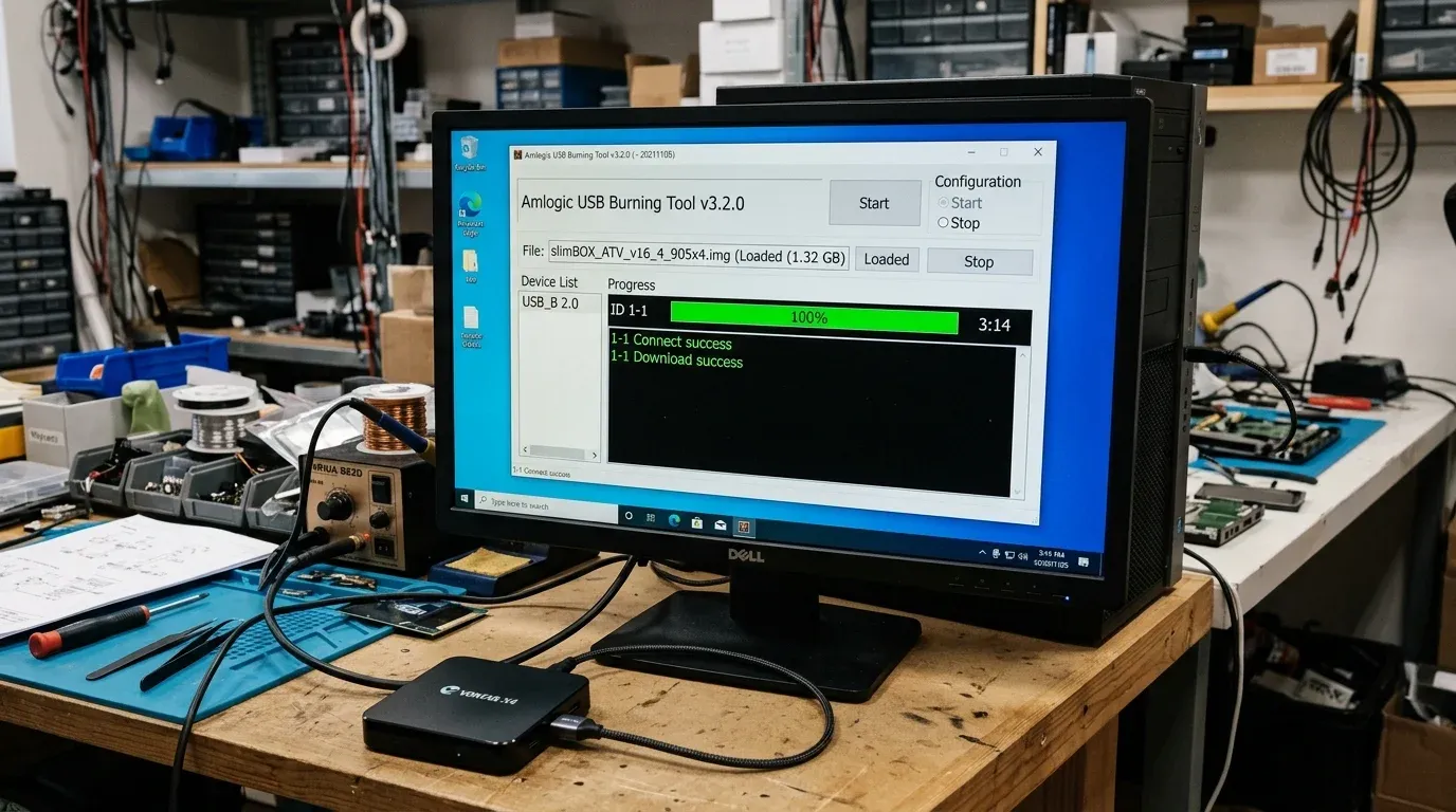 Интерфейс программы Amlogic USB Burning Tool v3.2.0 с успешным завершением прошивки SlimBOX на 100 процентов