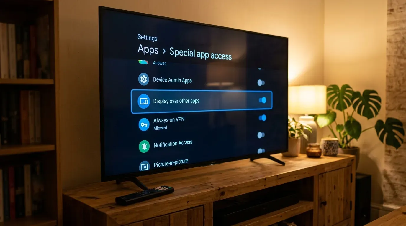 Меню системных разрешений Android TV для отображения приложений поверх других окон