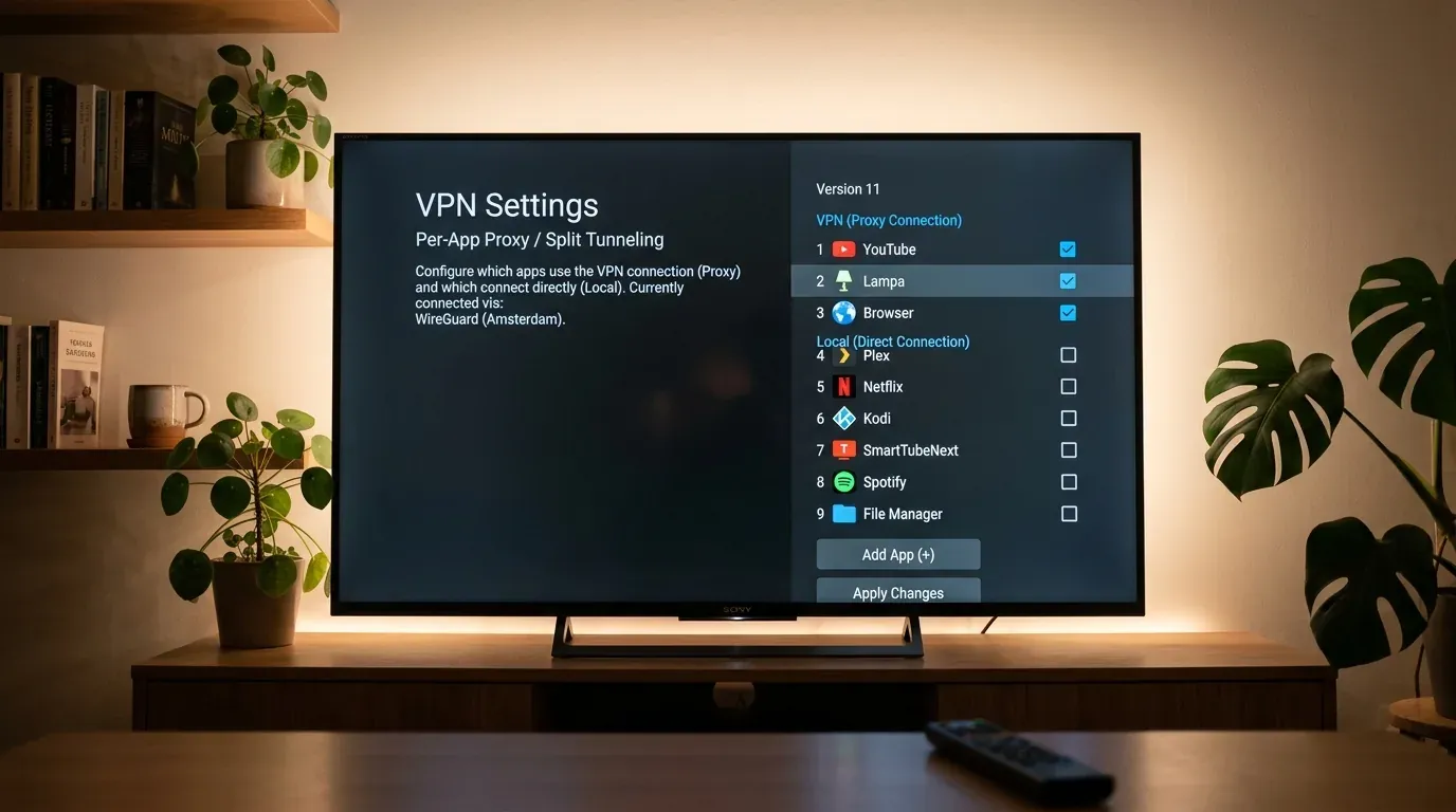 Меню настроек VPN на Android TV с выбором приложений для раздельного туннелирования