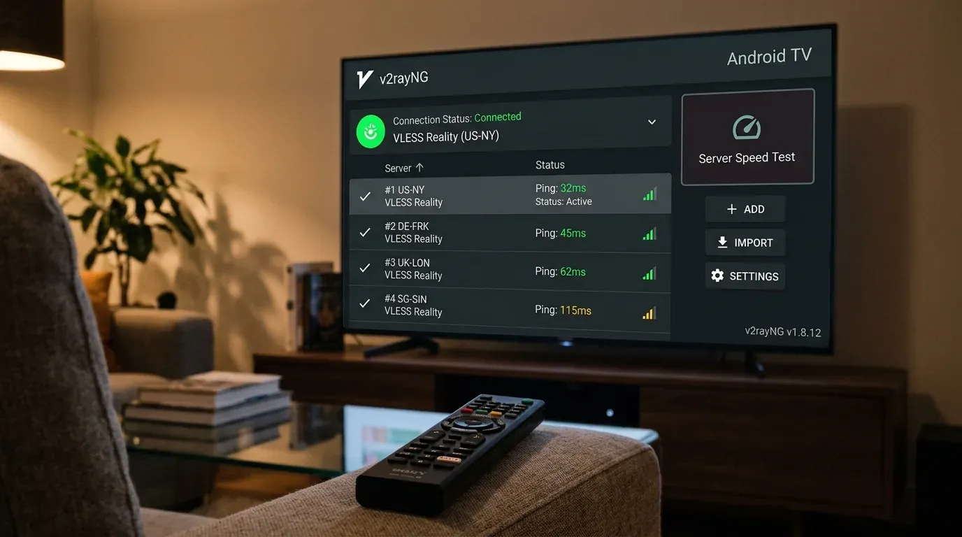 Интерфейс приложения v2rayNG на экране Smart TV со списком VLESS серверов и замером пинга