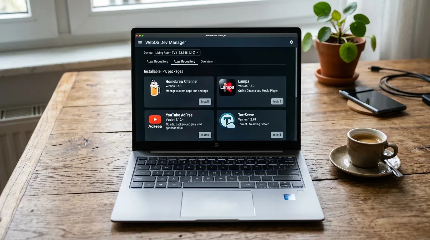 Список доступных к установке приложений в репозитории WebOS Dev Manager на ноутбуке