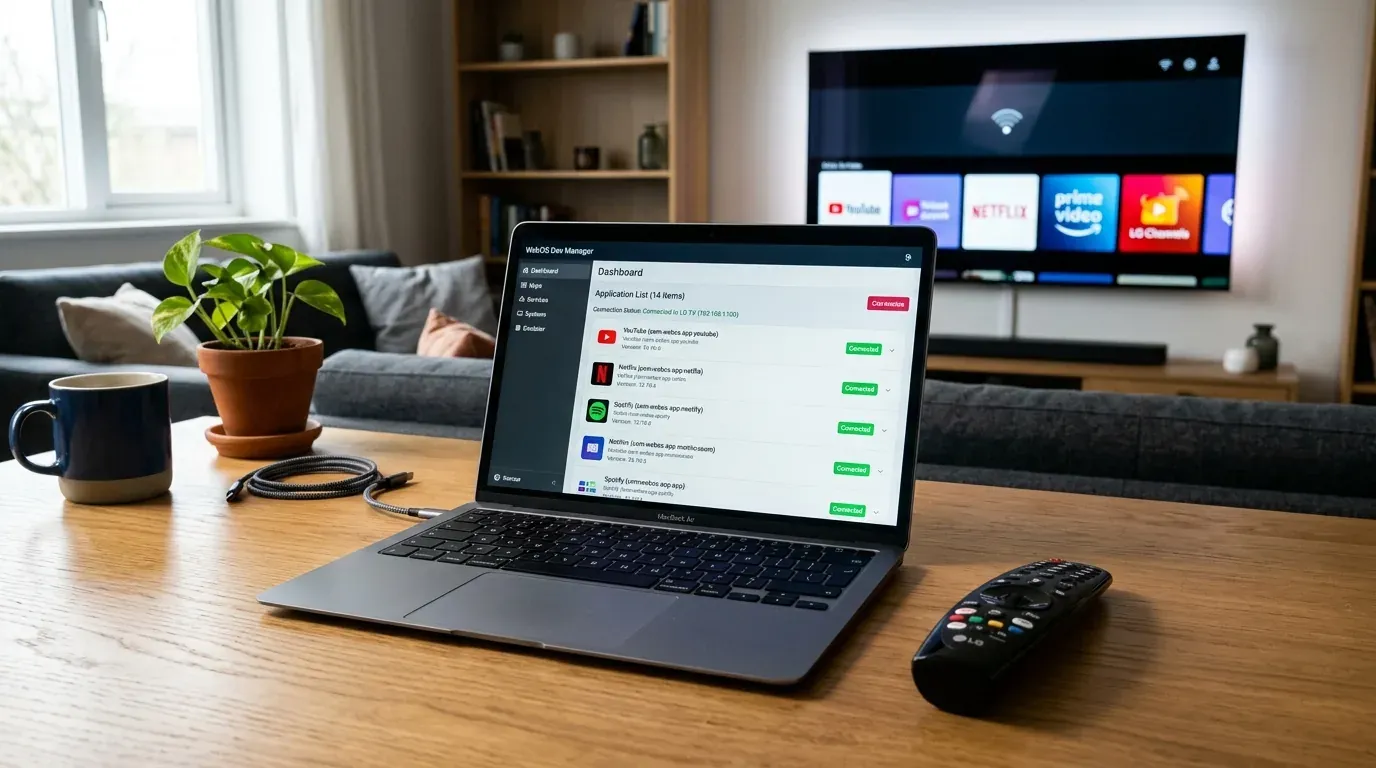 Ноутбук с открытой программой WebOS Dev Manager на фоне телевизора LG OLED в гостиной