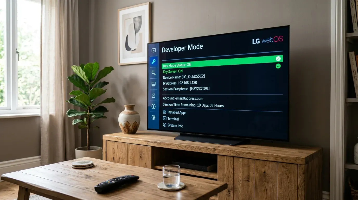 Экран телевизора LG с запущенным приложением Developer Mode и активными переключателями