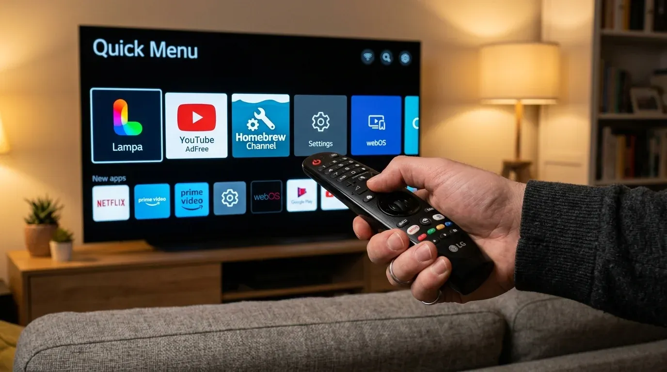 Экран телевизора LG со списком установленных приложений: Lampa, YouTube AdFree и Homebrew Channel
