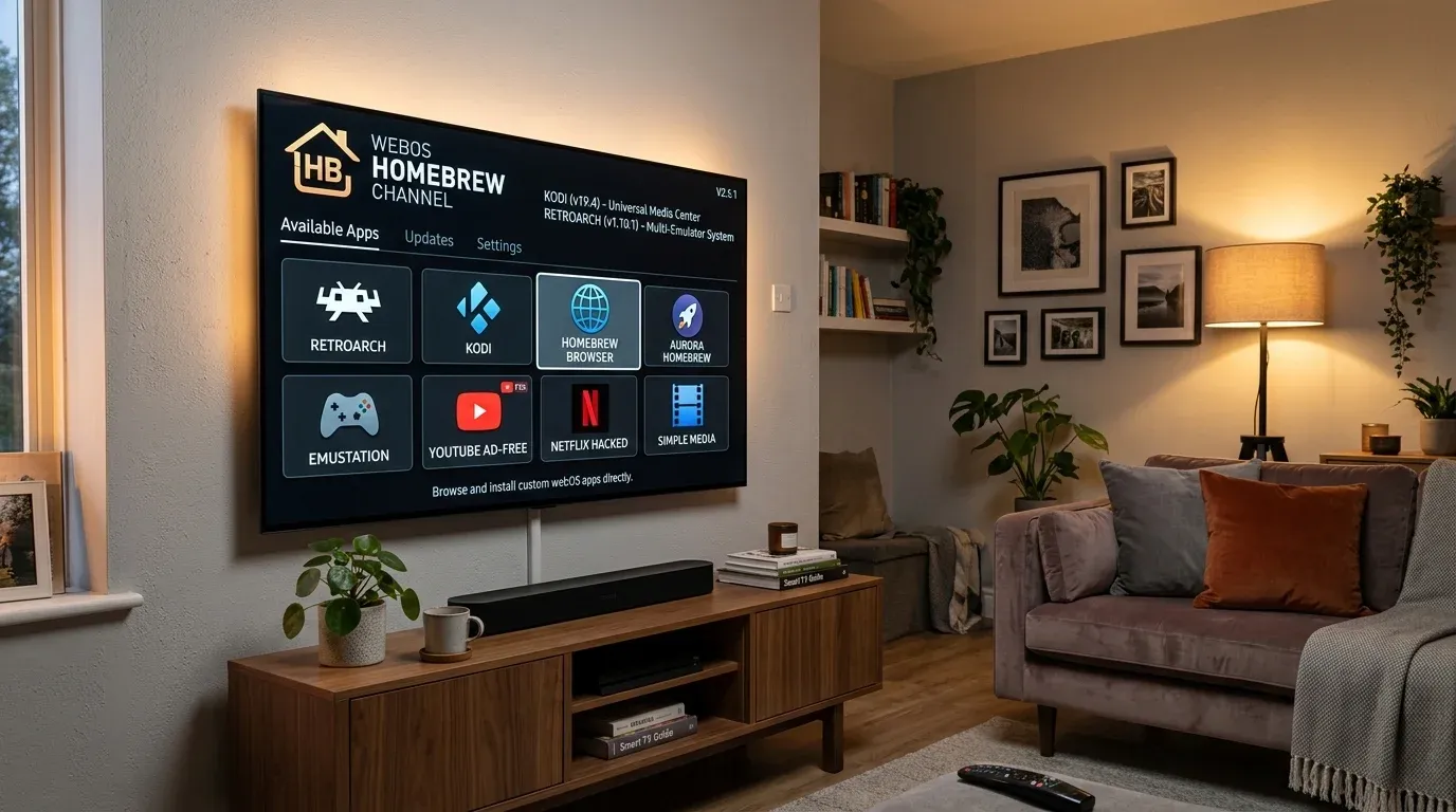 Экран OLED телевизора LG с запущенным магазином сторонних приложений Homebrew Channel в гостиной
