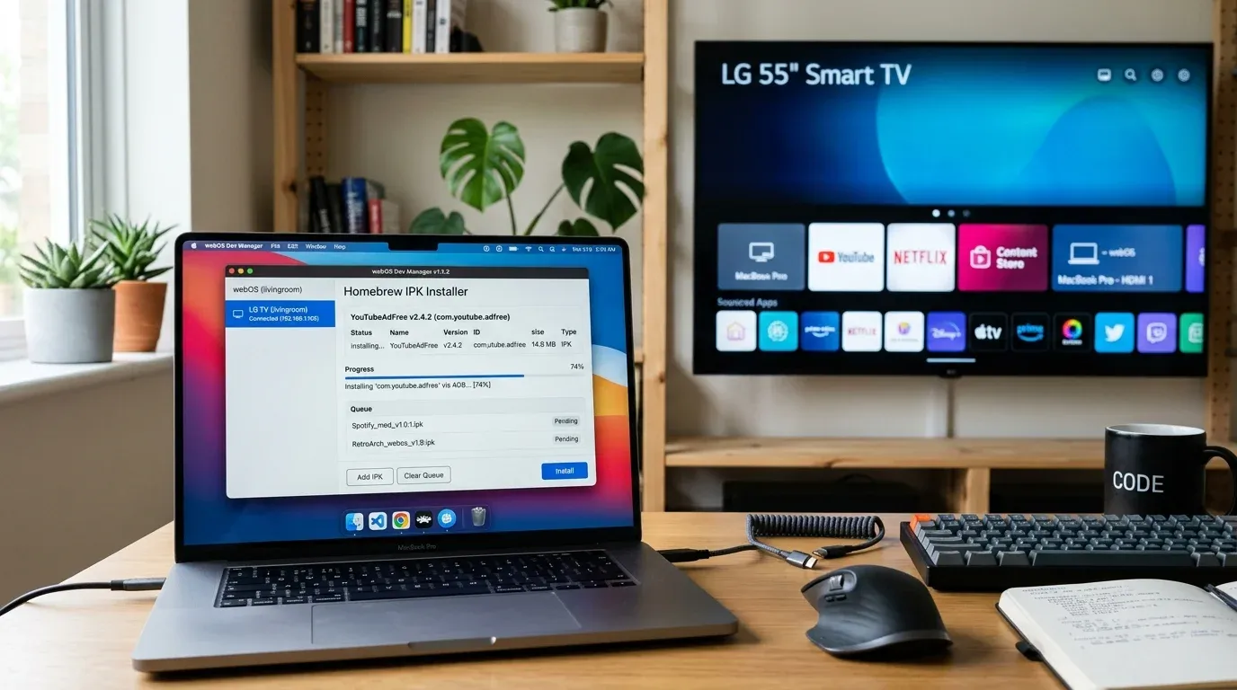 Интерфейс программы webOS Dev Manager на экране ноутбука, подключенной к Smart TV LG для установки IPK