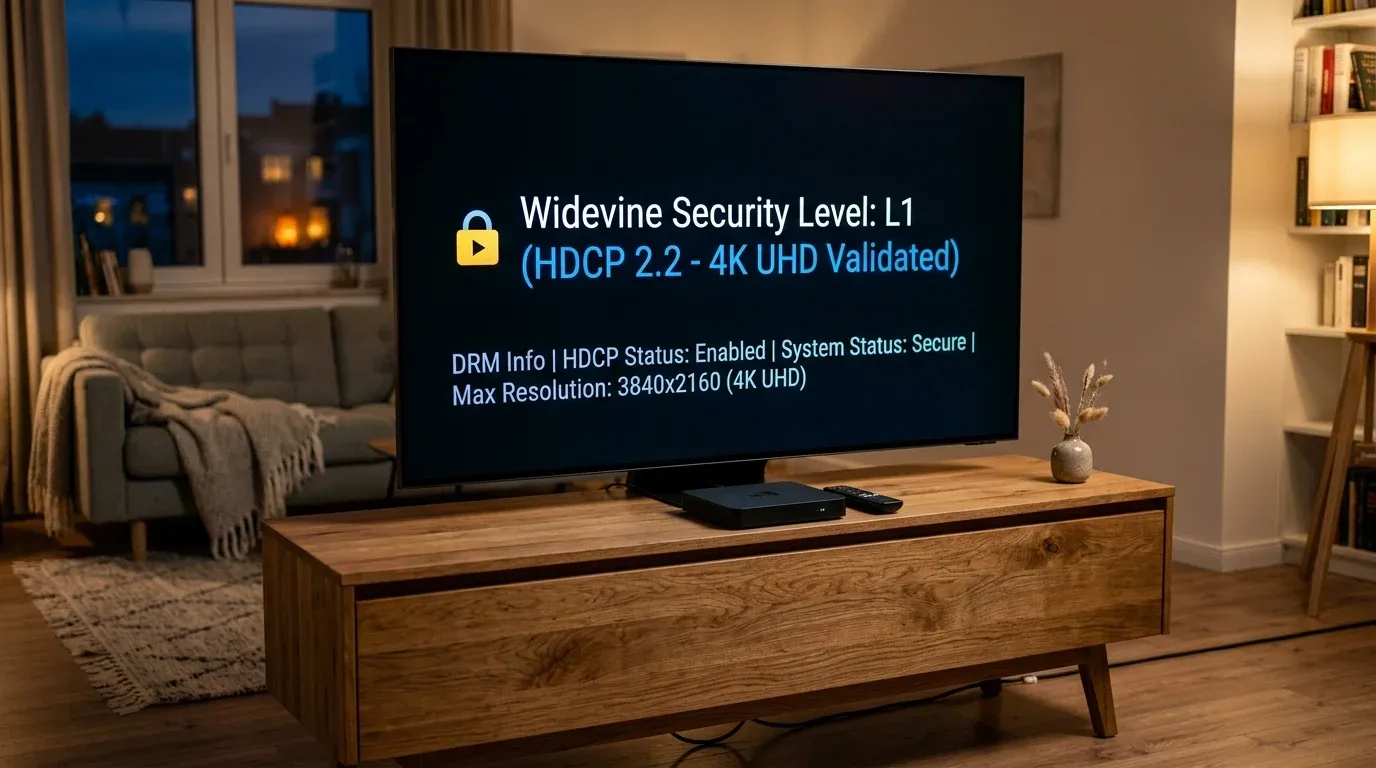 4K Smart TV на тумбе с диагностическим экраном Widevine Security Level L1 рядом с ТВ приставкой