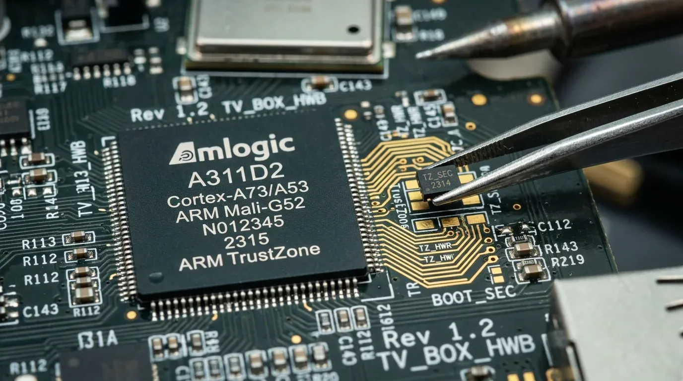 Макросъемка процессора Amlogic с криптографическим блоком ARM TrustZone и золочеными дорожками