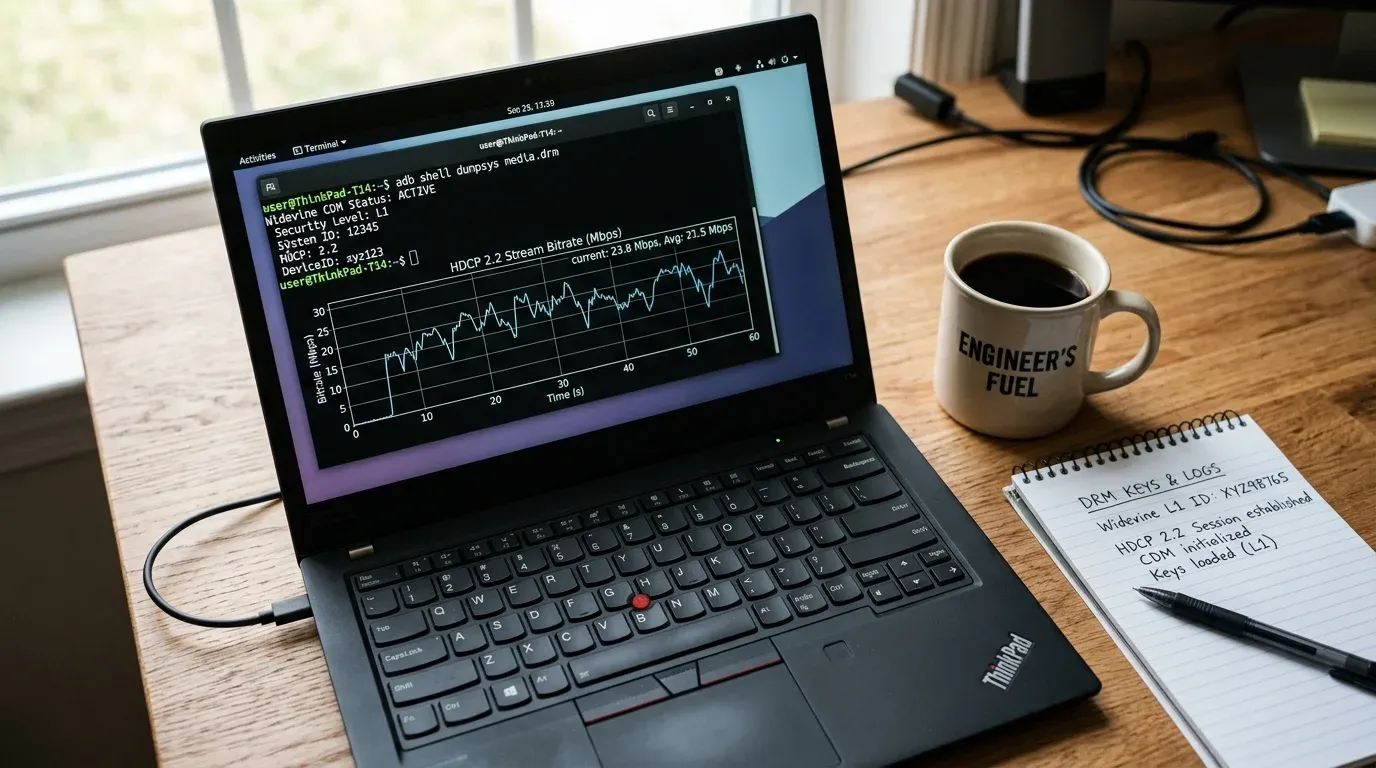 Ноутбук ThinkPad с открытым терминалом команды adb shell dumpsys media.drm и графиком битрейта