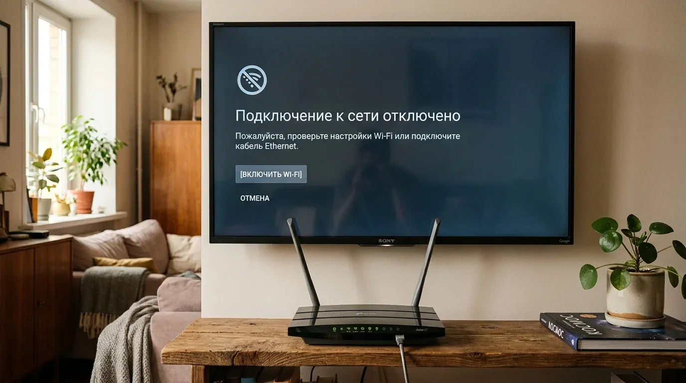 Экран телевизора с ошибкой подключения к Wi-Fi сети и роутер на переднем плане