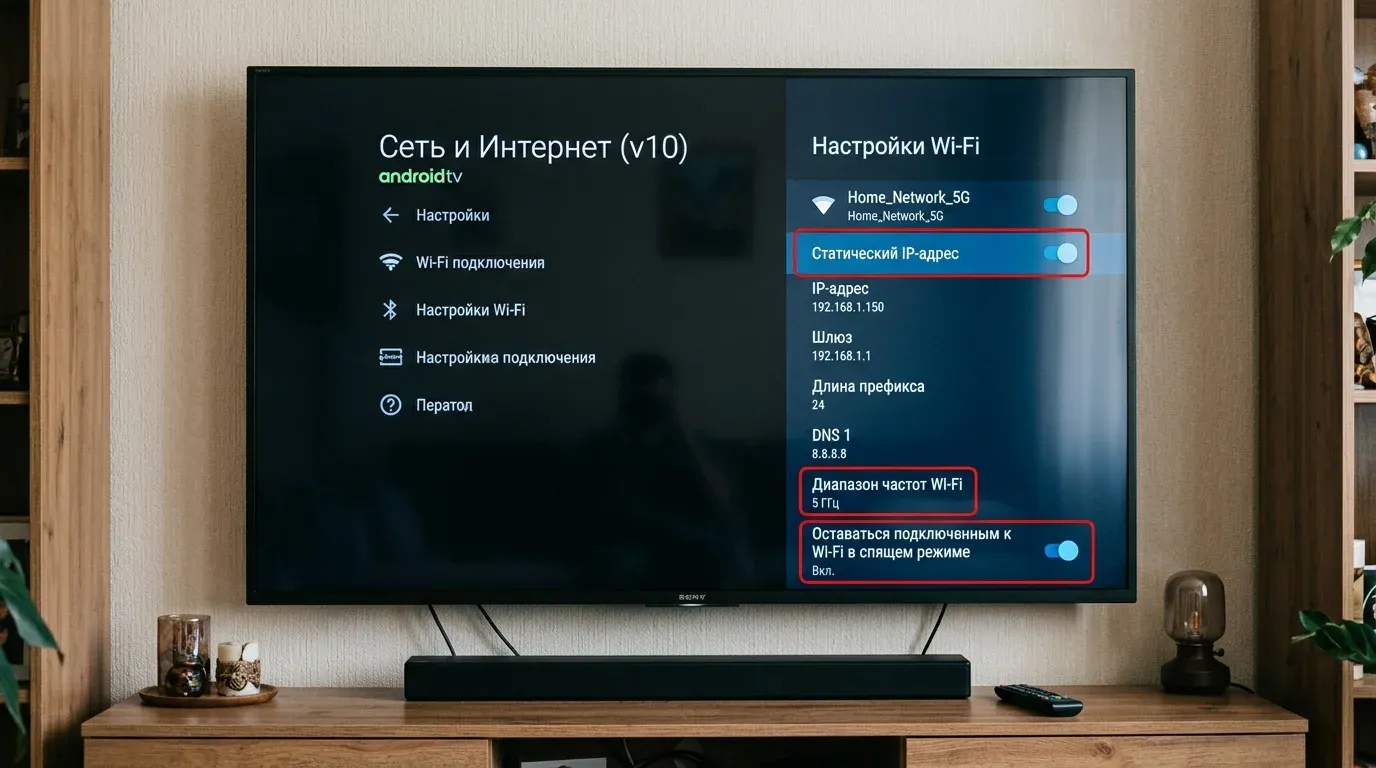 Меню настроек сети на ТВ-приставке с выбором диапазона и статического IP