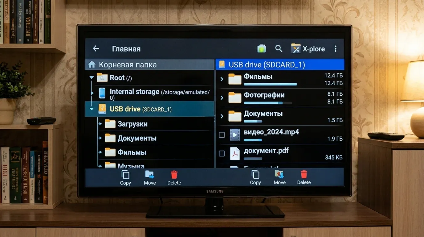 Двухпанельный интерфейс X-plore File Manager на экране телевизора