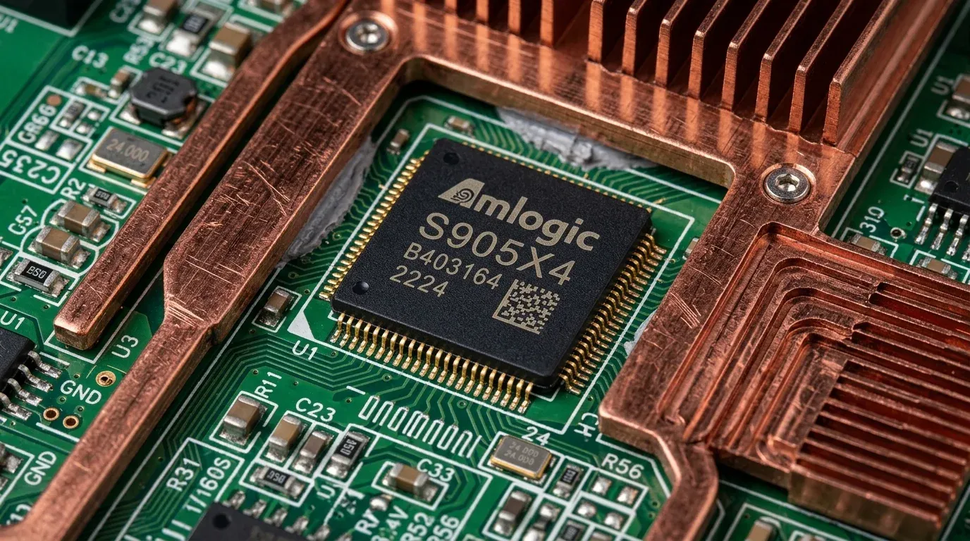 Микросхема процессора Amlogic S905X4 с элементами системы охлаждения на печатной плате приставки