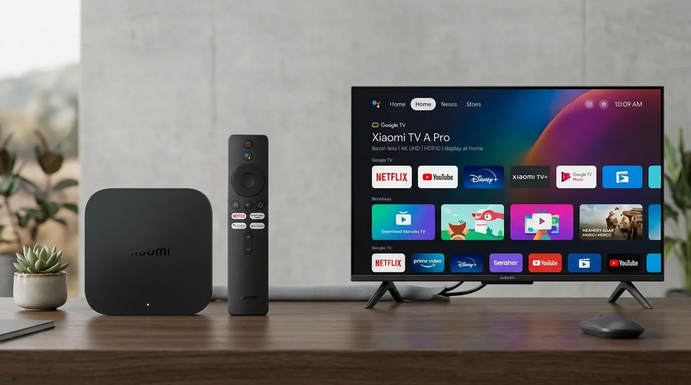 ТВ-приставка Xiaomi TV Box S 2nd Gen рядом со смарт-телевизором Xiaomi TV A Pro