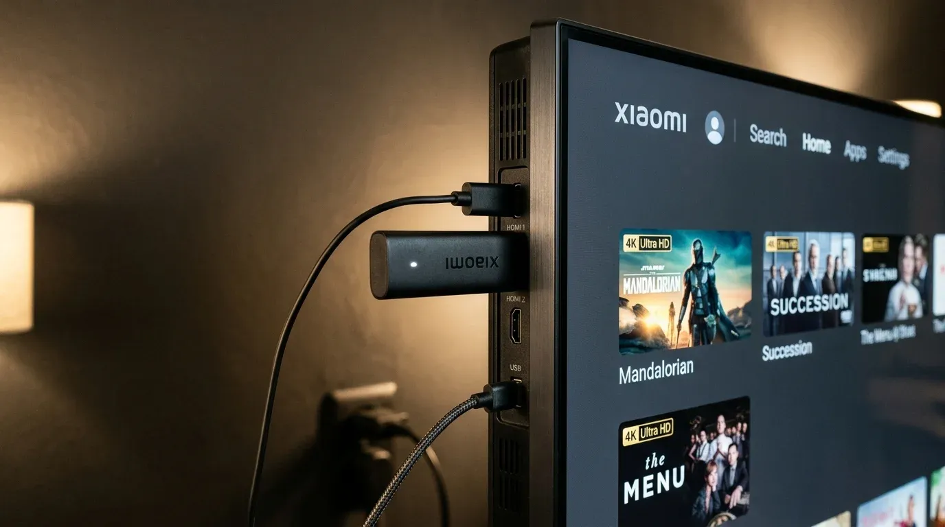 Xiaomi TV Stick 4K подключен к HDMI-порту телевизора с кабелем питания