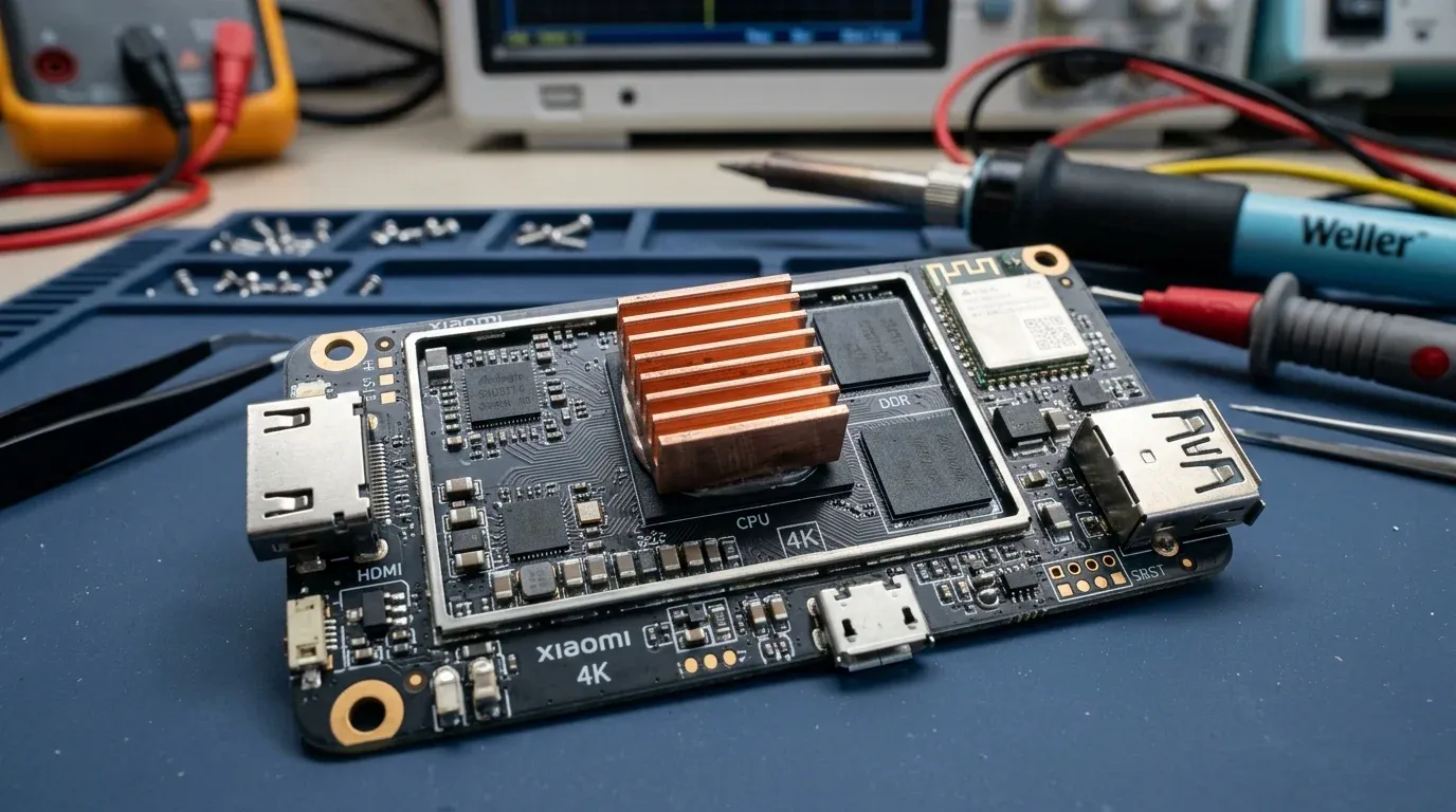 Разобранная плата Xiaomi TV Stick 4K с прикрепленным медным радиатором охлаждения на CPU