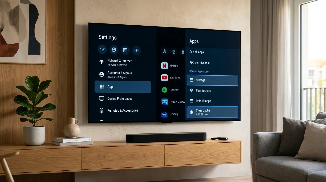 Экран настроек приложений в Android TV с выделенным пунктом Очистить кэш