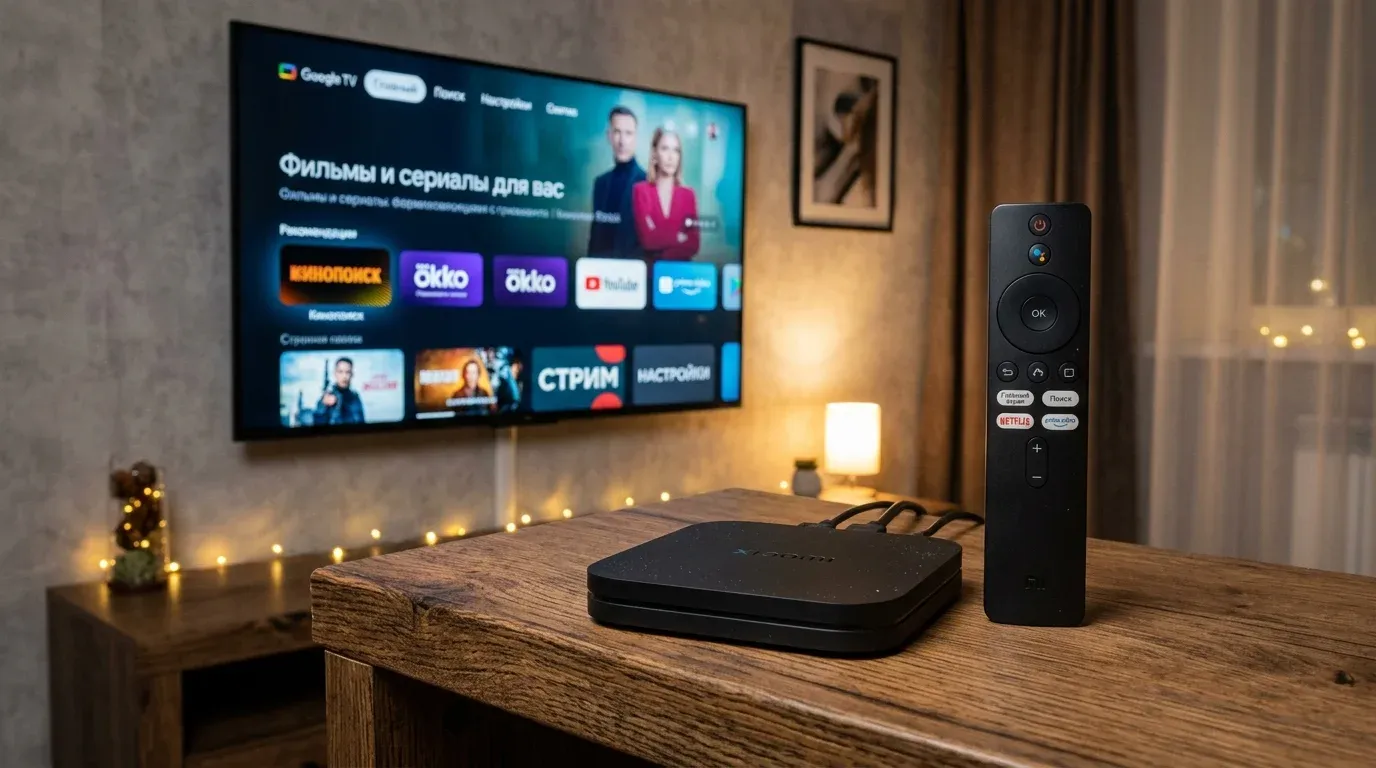 Медиаплеер Xiaomi TV Box S 2nd Gen с пультом ДУ на деревянной консоли в гостиной