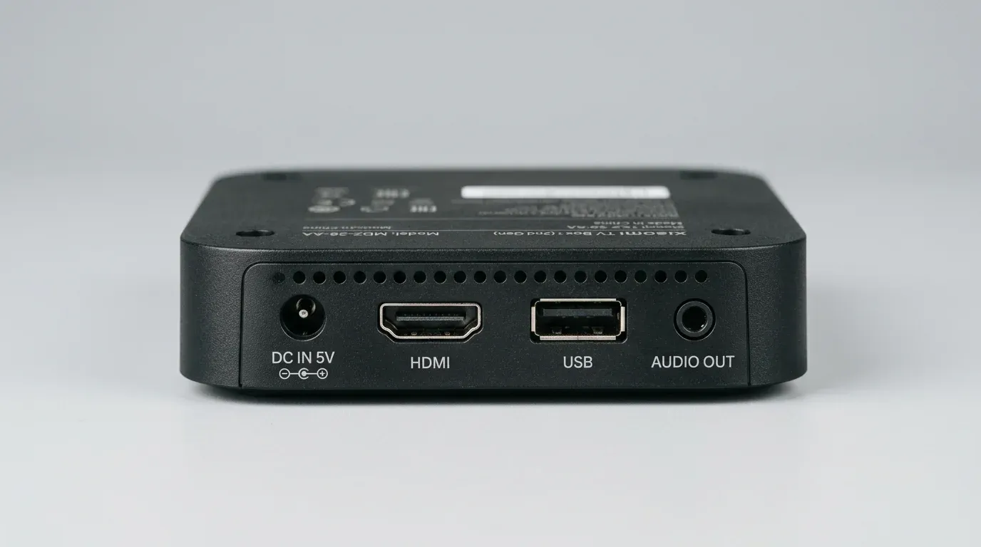 Задняя панель приставки Xiaomi TV Box S 2nd Gen с разъемами питания, HDMI, USB и Audio Out
