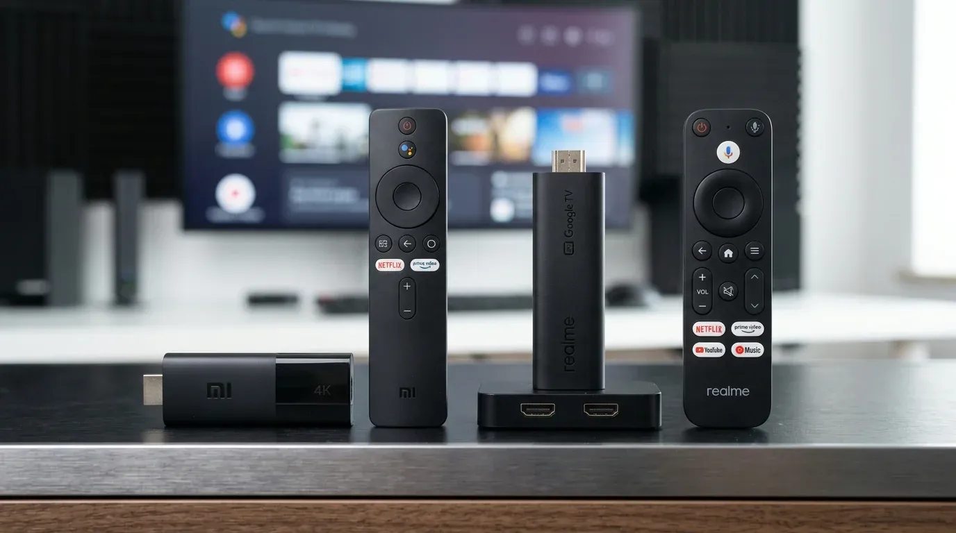 Сравнительное фото ТВ-стиков Xiaomi TV Stick 4K и Realme 4K Smart TV Stick с пультами управления