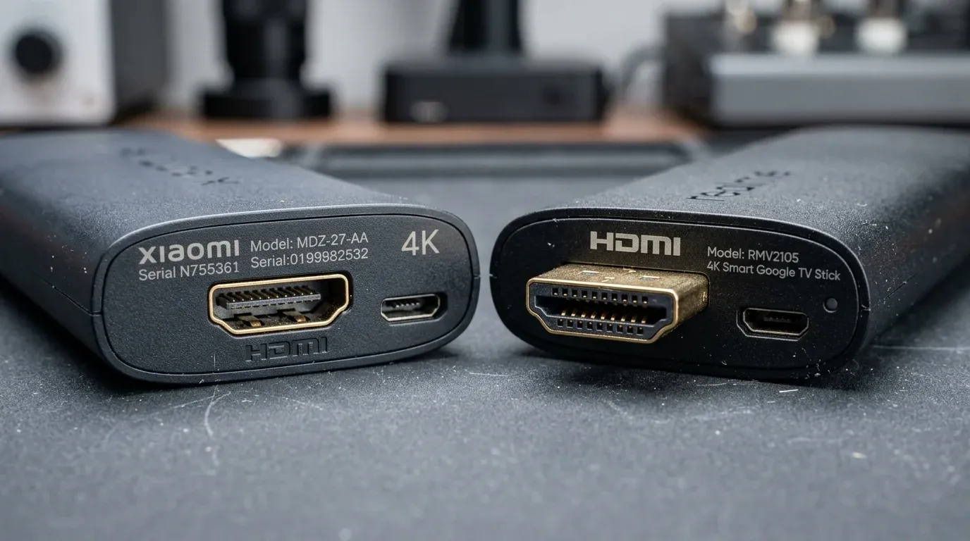 Макрофотография разъемов HDMI и портов питания Micro-USB на корпусах Xiaomi Stick и Realme Stick