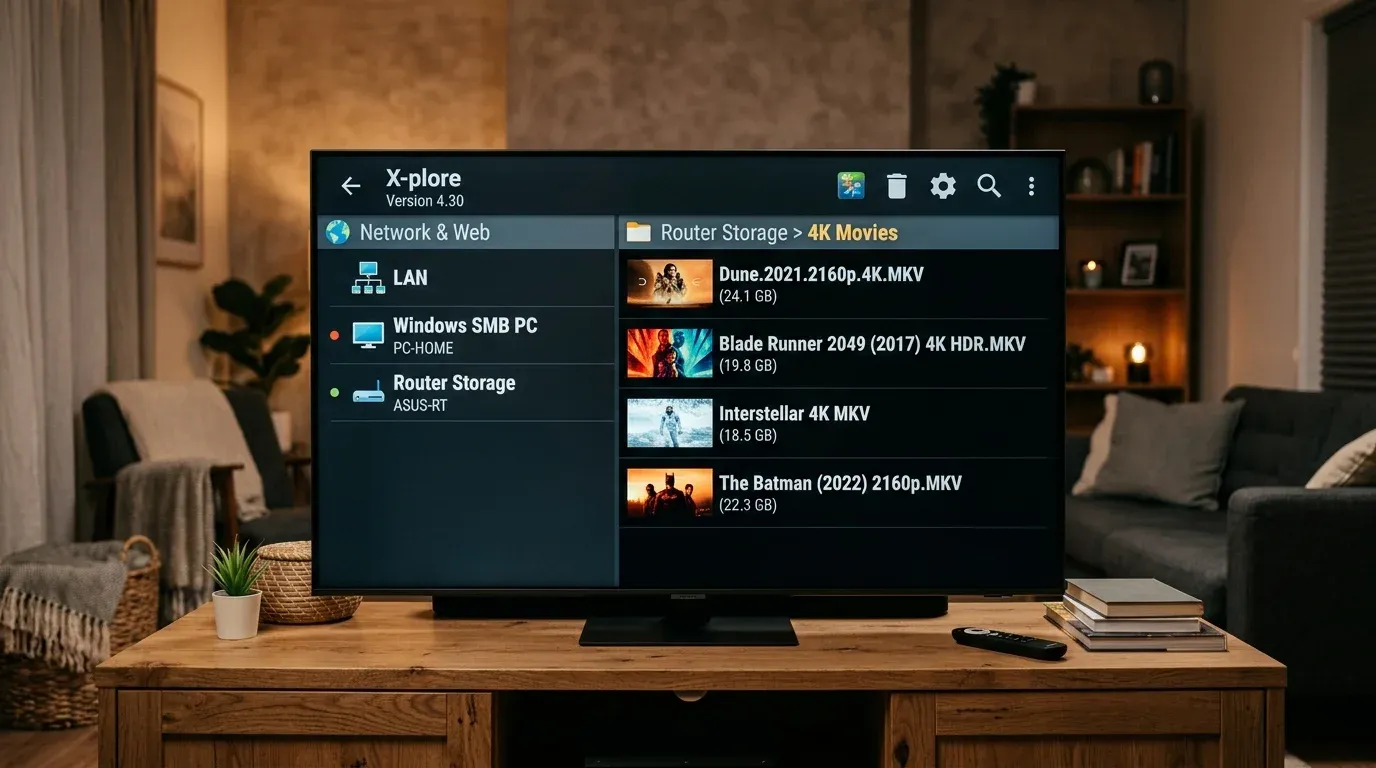 Двухпанельный интерфейс файлового менеджера X-plore на экране 4K Smart TV с сетевыми дисками LAN и роутера