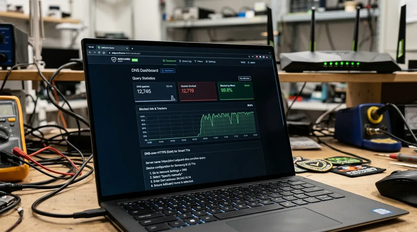 Панель мониторинга DNS-запросов на ноутбуке с графиком фильтрации сетевого трафика