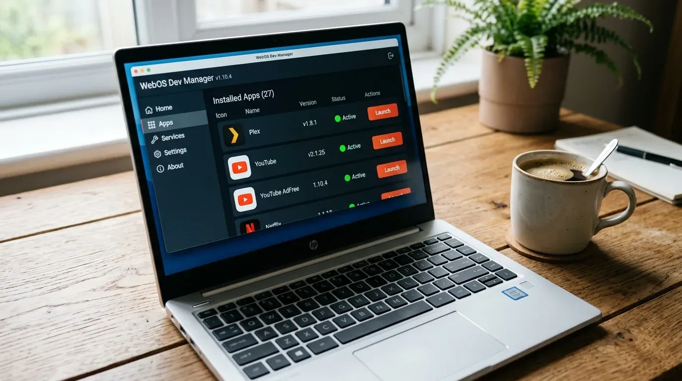Интерфейс программы WebOS Dev Manager на ПК со списком установленных приложений для LG Smart TV